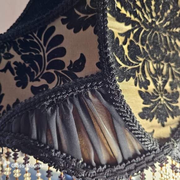 SOLD - Victorian Hand Sewn Woman & Lambs Floral Glass Beaded Fringe Lamp Shade - Picture 7 of 10